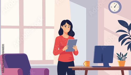 Confident woman using tablet in digital office, modern workspace