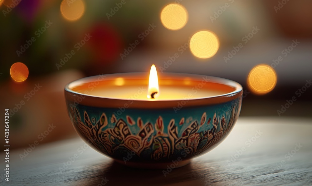 Decorative candle in ornate bowl with warm glow and blurred background lights Decorative candle in ornate bowl with warm glow and blurred background lights