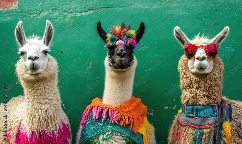 Fototapeta premium Colorful llamas with accessories posing against vibrant green background