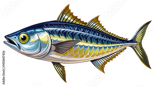 Very beautiful Bonito, Isolated on White Background – Single Italian "Palamita" (Sarda sarda), Popular Mediterranean Mackerel-like Commercial Fish – Detailed Close-Up Macro, Top View, from white backg