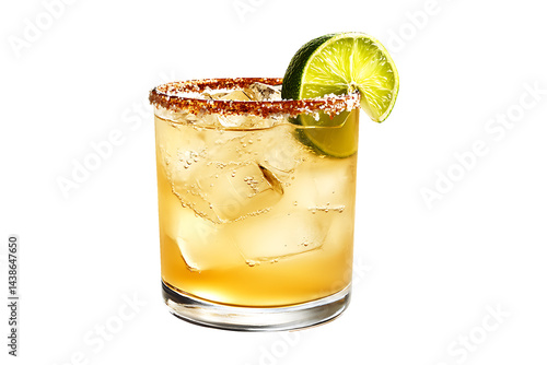 A margarita with a salted rim and lime wedge isolated on transparent background.