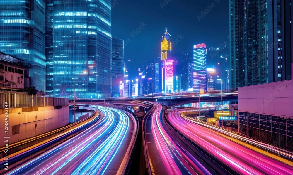 Fototapeta premium Vibrant cityscape at night showcasing illuminated skyscrapers and light trails