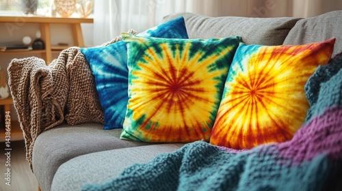 Obraz na płótnie Tie-Dye Pillow Covers On A Cozy Couch w salonie