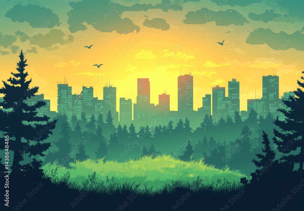 Fototapeta premium Cityscape at dawn, surrounded by a lush forest