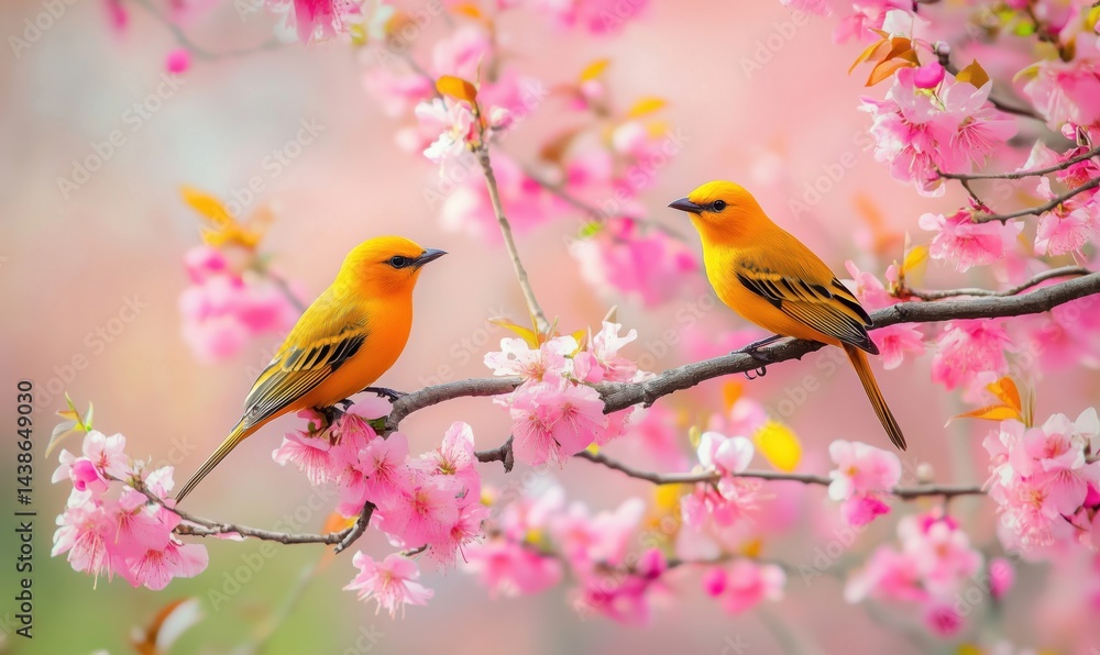 Vibrant orange birds perched on cherry blossom branches in springtime setting Vibrant orange birds perched on cherry blossom branches in springtime setting