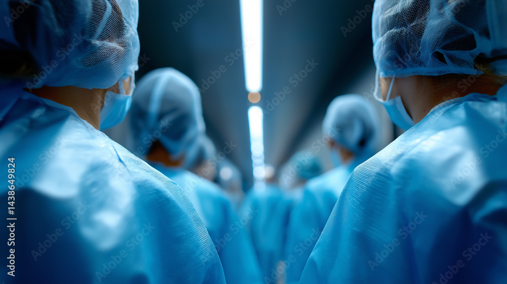 Medizinisches Personal in blauer Schutzkleidung im Operationssaal aus der Rückansicht