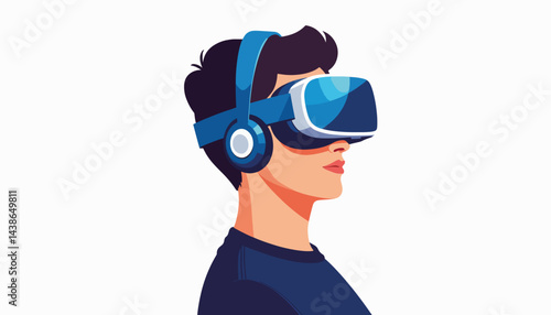 Young adult enjoying virtual reality with sleek headset, tech immersion