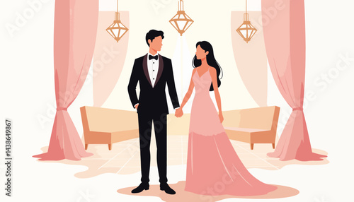 Elegant couple in formal attire at a ballroom, celebration of love