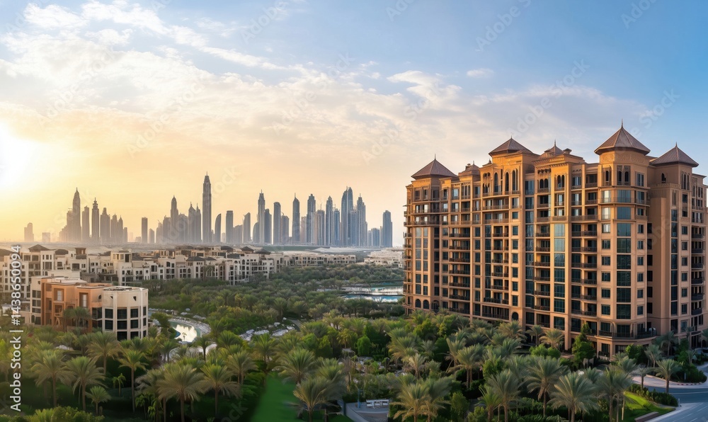 Naklejka premium Dubai skyline at sunset with luxury buildings and lush greenery in the foreground