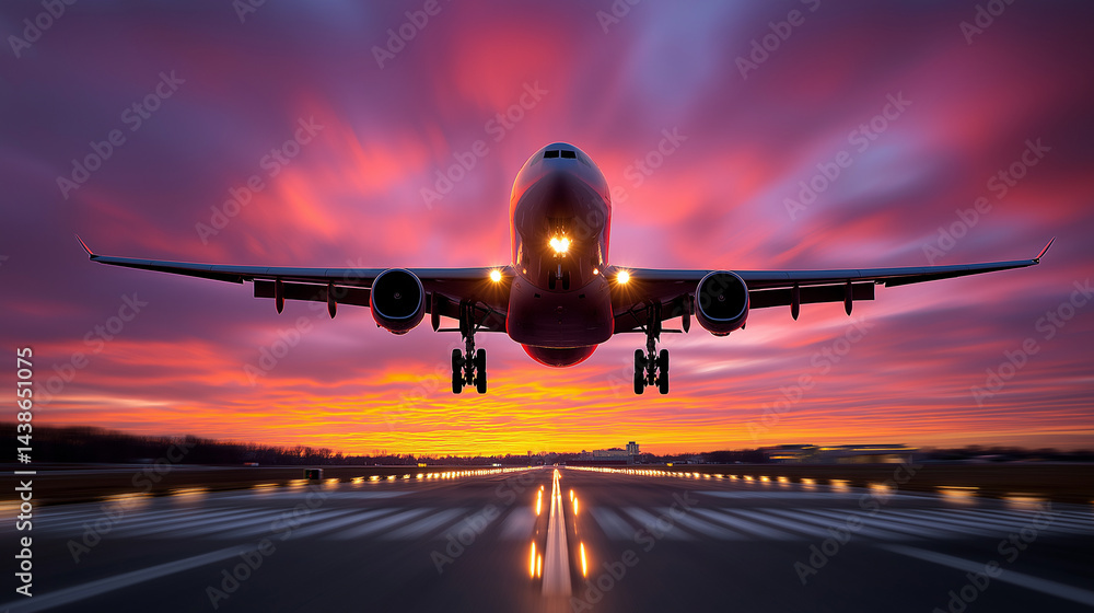 Flugzeug startet bei dramatischem Sonnenuntergang von einer beleuchteten Landebahn