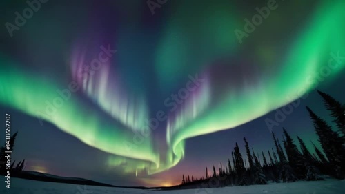 Dramatic aurora borealis display, vibrant green and purple, natural light phenomenon over snowy landscape with silhouette trees
