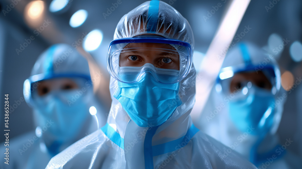 Ärzte in blauen Schutzanzügen mit Gesichtsmasken und Schutzvisieren in Nahaufnahme