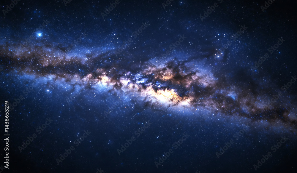 Fototapeta premium Dark night sky background with stars and the Milky Way, starry night sky, dark blue sky with small white dots of the Milky Way in space.