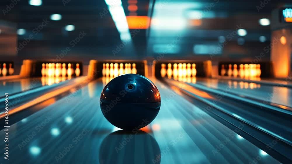 Bowling Ball on Gleaming Lane, Nighttime Bowling Alley