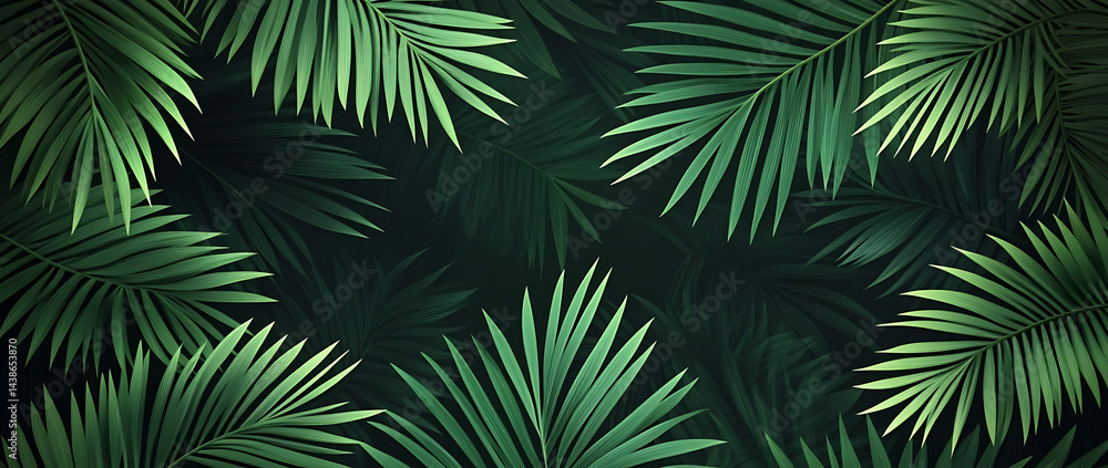 Dark green seamless pattern with outline palm leaves, line art background for textile design. Dark green seamless pattern with outline palm leaves, line art background for textile design.