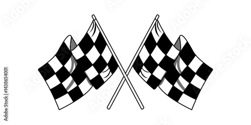 Two black and white checkered flags are crossed in the center of the image. Two crossed racing flags. Formula 1 championship, isolated flags. Checkered simple flags.