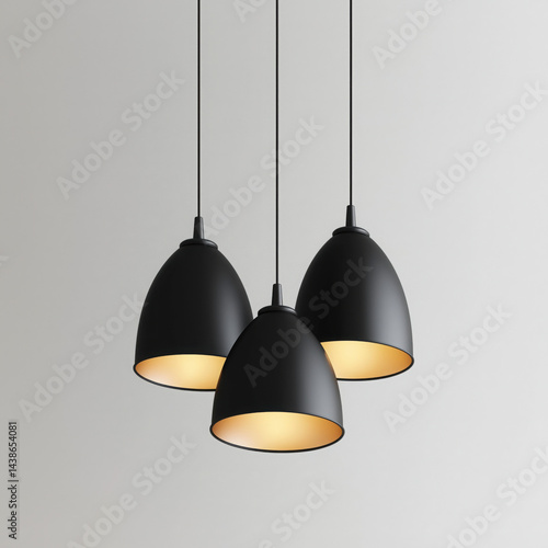 Three black hanging lamps modern lighting fixtures isolated on white background