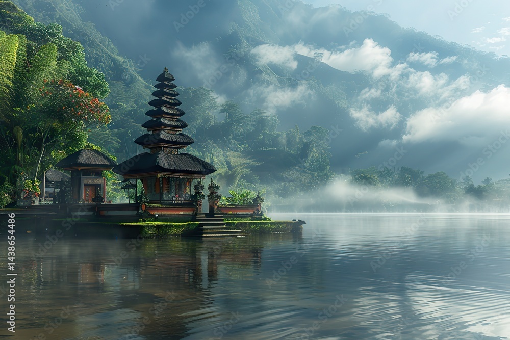 Naklejka premium A quiet moment by Bali’s tranquil lakeside, with a small temple on the shore and mist rising off the water in the early morning,