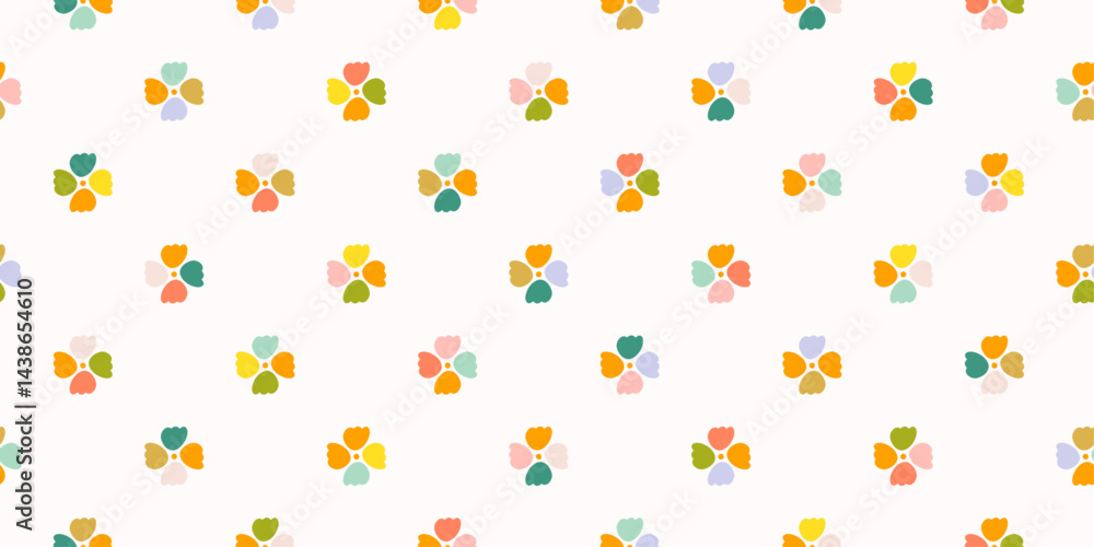 Seamless pattern of stylized flowers on a white background. The flowers are composed of five petals each, with a central yellow circle. Seamless pattern of stylized flowers on a white background. The flowers are composed of five petals each, with a central yellow circle.