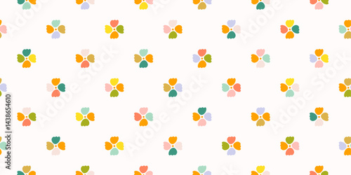Wallpaper Mural Seamless pattern of stylized flowers on a white background. The flowers are composed of five petals each, with a central yellow circle. Torontodigital.ca