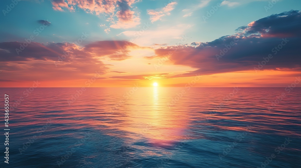 Fototapeta premium Stunning ocean sunset with vibrant colorful cloudscape above tranquil water reflecting the golden light