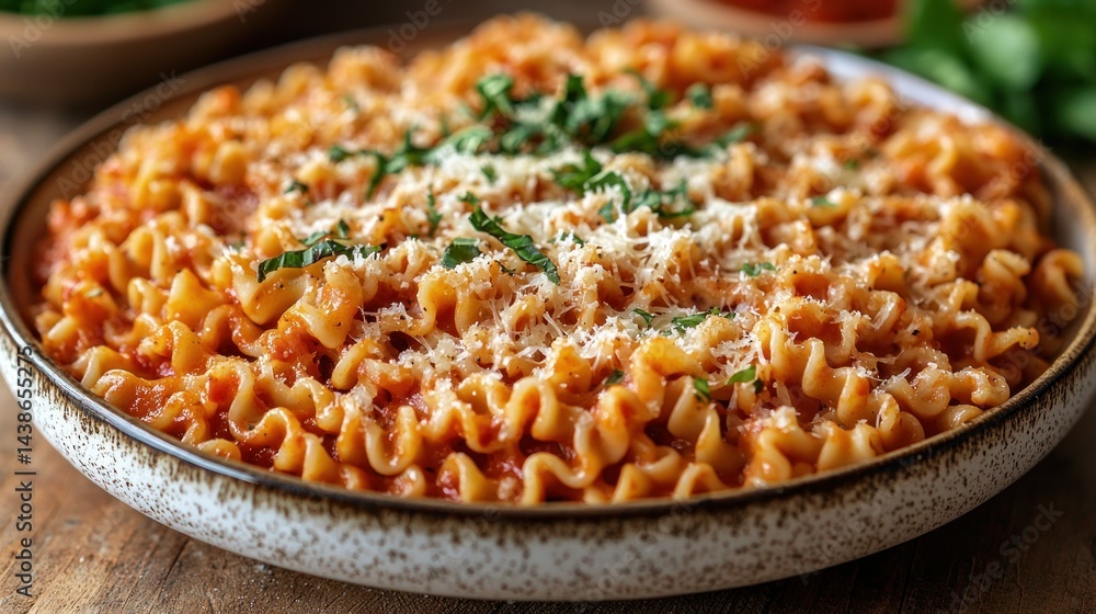 Bowl of pasta with tomato sauce and grated cheese Bowl of pasta with tomato sauce and grated cheese