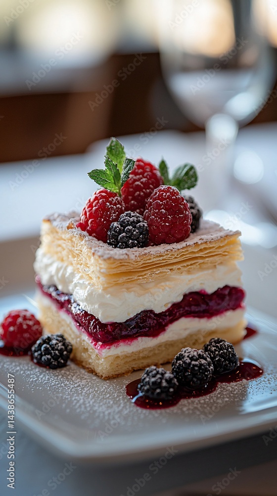 Delicious raspberry and blackberry pastry dessert on white plate in restaurant Delicious raspberry and blackberry pastry dessert on white plate in restaurant