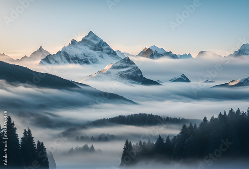 mountains in the fog AI Generated. AI Generative.of mountains forest fog morning mystic. Graphic Art Amazing wild nature view of layer of mountain forest landscape with cloudy sky.Natural green scener
