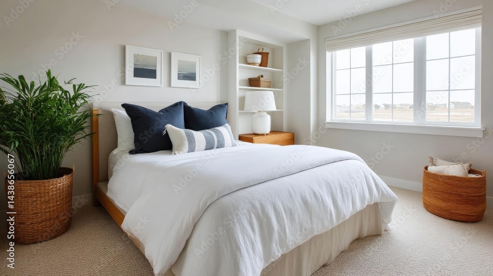 Fototapeta premium Modern and spacious bedroom with a large window on the right side. the window has white blinds and offers a view of the ocean.