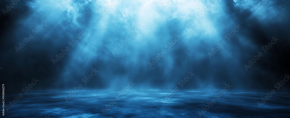 Dark blue background with fog and rays of light, creating an atmospheric effect. Dark blue background with fog and rays of light, creating an atmospheric effect.