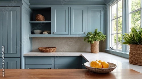 Fototapeta Naklejka Na Ścianę i Meble -  Modern kitchen with light blue cabinets and a large window on the right side. the cabinets are painted in a light blue color and have a built-in shelf above the sink.