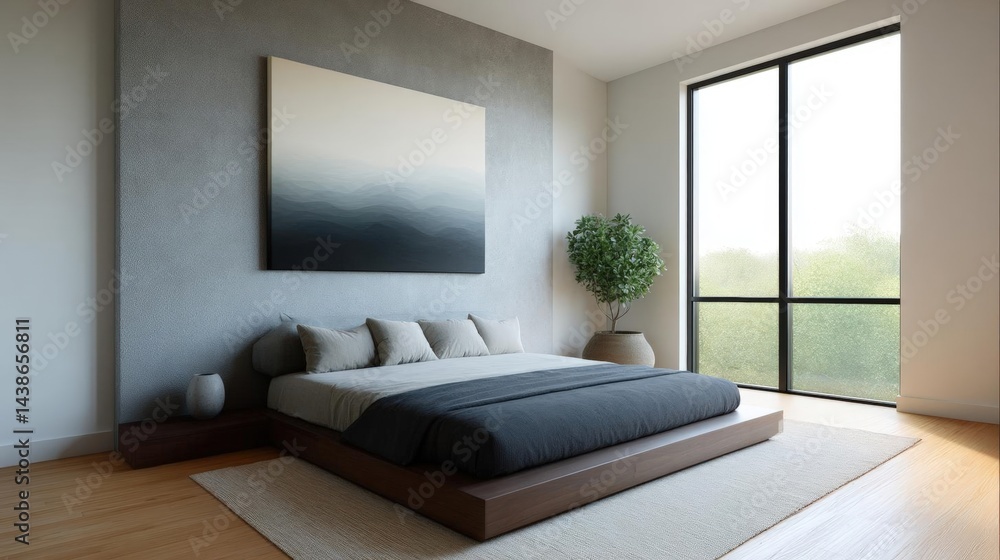 Fototapeta premium Modern and minimalist bedroom with a large window on the right side. the window offers a view of the greenery outside.