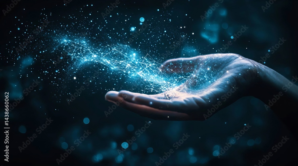 Hand holding glowing crypto coin that radiates waves through a network of digital wallets Hand holding glowing crypto coin that radiates waves through a network of digital wallets