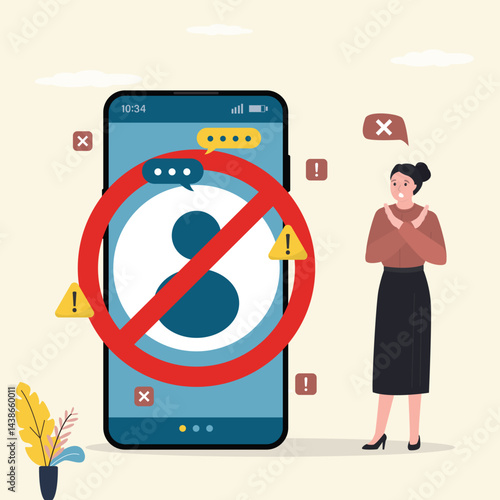 Angry woman blocked unknown profile in social network or messenger. Smartphone with blocked user account, privacy in social media. Blocking disturbing and annoying accounts.