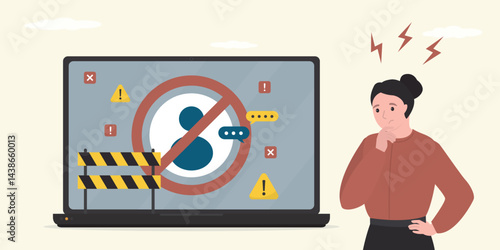 Unhappy woman very surprised and feeling anxious about blocked user account. User with banned social media account. Cyber crime, hacker attack,