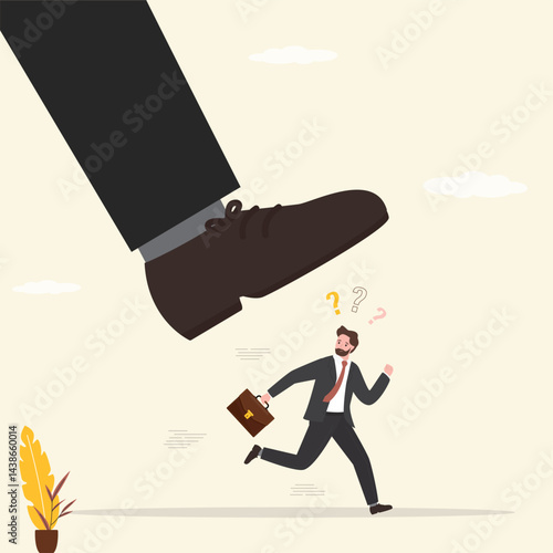 Employee is afraid of the big male feet. Demoralised businessman run away form giant boot. Shoes want crush tiny worker man. Dismissal, staff reduction. Stress with boss.