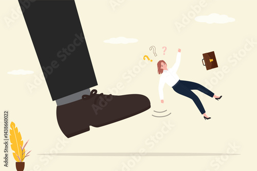 Giant boot kicked dismissal worker. Boss fired female employee from company. Discrimination, sexism. Jobless troubles, staff reduction. Businesswoman get kicked out of work