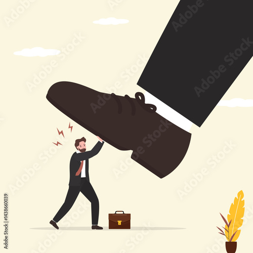 Competitor big feet or boss boot pressing tiny male employee. Unfair competition, cheating or using authority and power to abuse competitor, violence, conflict or employee.