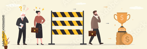 Female employee and elderly man standing before barrier. Happy businessman  going to success. Sexism, ageism and discrimination. Social issues, corporate slavery
