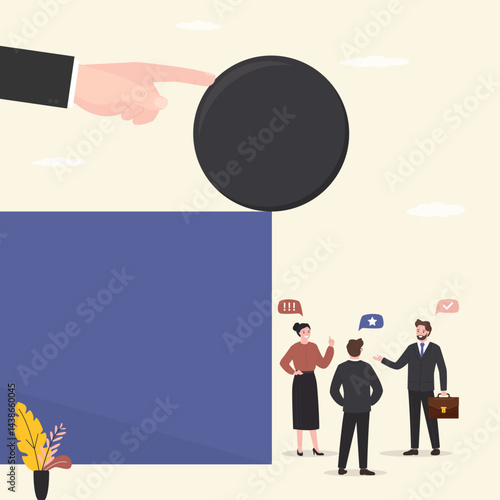 Business betrayal. Hand pushing boulder to remove competition. Business team talking. Conflict and dispute between colleagues, disagreement, disagreement, confrontation.