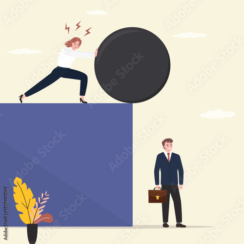 Business betrayal. Competitor pushing boulder to remove competition. Conflict and dispute between colleagues, disagreement, disagreement, confrontation. Woman push stone ball.