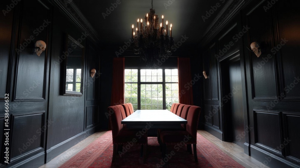 Fototapeta premium Luxurious dining room with a large window in the center. the room has dark wood paneling on the walls and ceiling, and a large chandelier hanging from the ceiling.