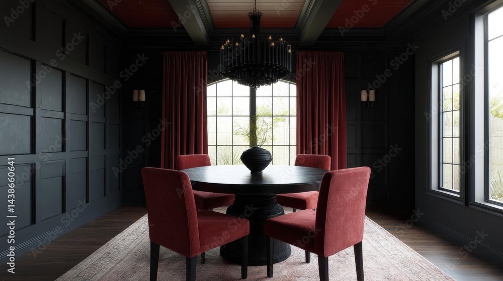 Fototapeta premium Luxurious dining room with a round black table in the center. the table is surrounded by six red chairs with black legs.