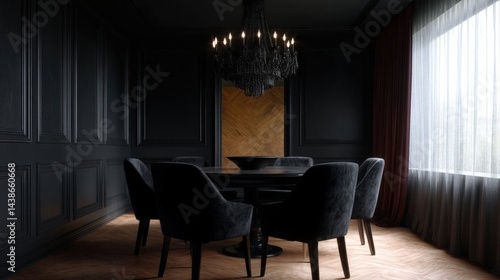 Wallpaper Mural Luxurious dining room with a round wooden table in the center. the table is surrounded by six black velvet chairs with wooden legs. Torontodigital.ca