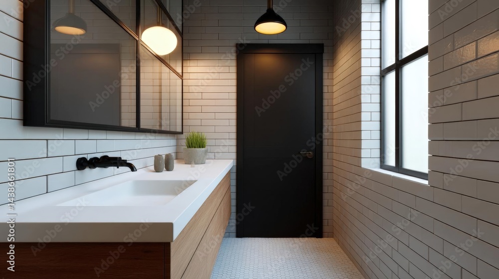Modern bathroom with a minimalist design. the walls are covered in white subway tiles, and there is a large window on the right side of the image that lets in natural light. Modern bathroom with a minimalist design. the walls are covered in white subway tiles, and there is a large window on the right side of the image that lets in natural light.