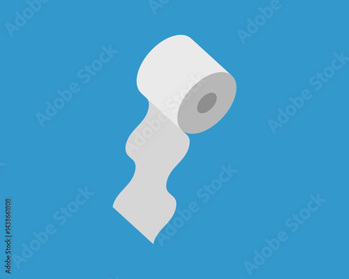 A minimalist isometric illustration of a toilet paper roll unrolling against a vibrant blue background.  Perfect for concepts related to hygiene, cleanliness, or even resource depletion.