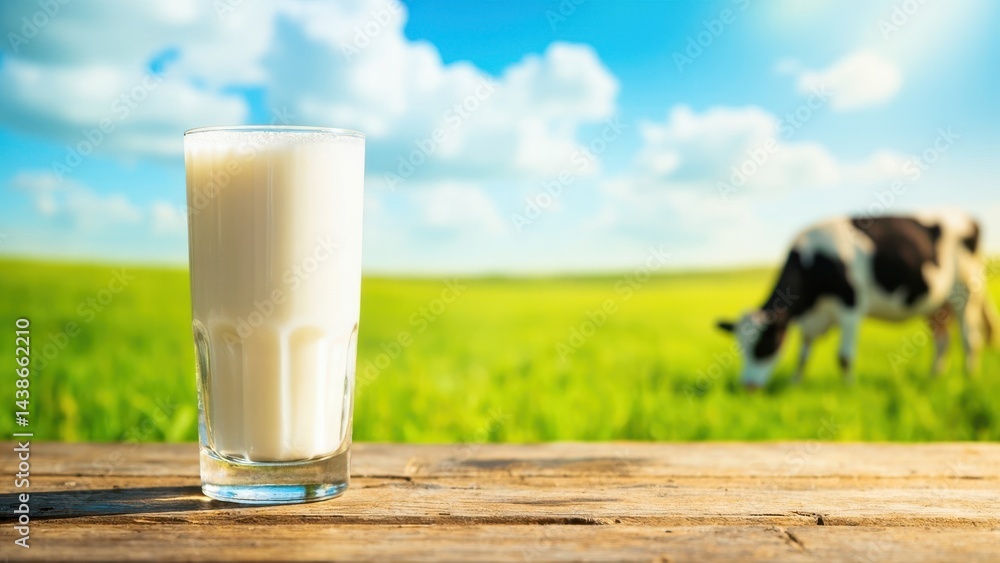 A glass of milk sits on a rustic wooden surface, with a cow grazing in a lush green field in the background. The bright blue sky and scattered clouds enhance the fresh, pastoral atmosphere. A glass of milk sits on a rustic wooden surface, with a cow grazing in a lush green field in the background. The bright blue sky and scattered clouds enhance the fresh, pastoral atmosphere.