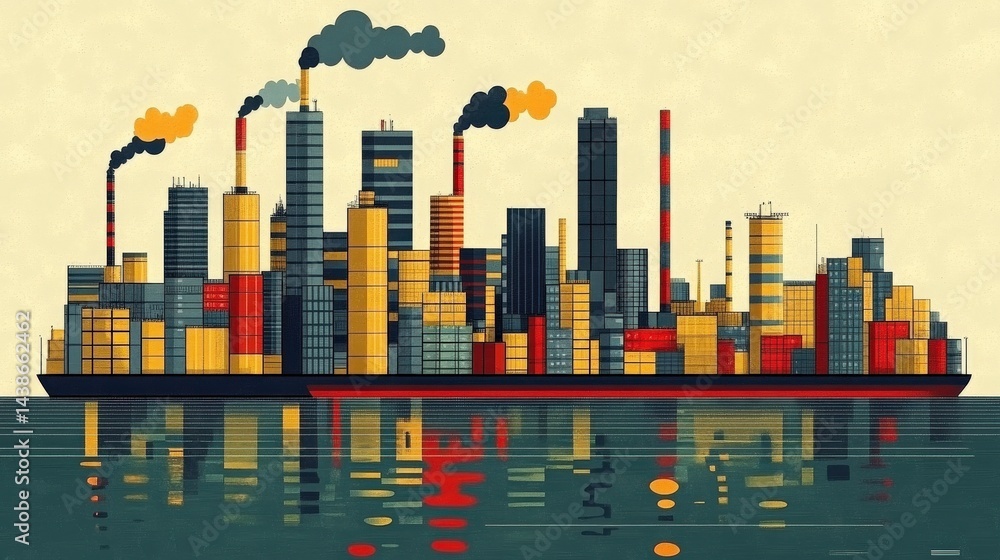 Fototapeta premium Colorful illustration of a cargo ship with industrial skyline reflecting in calm waters
