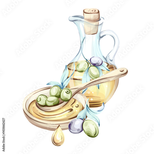 Beautiful watercolor illustration of olives and olive oil inspired by Italian culinary traditions and natures bounty