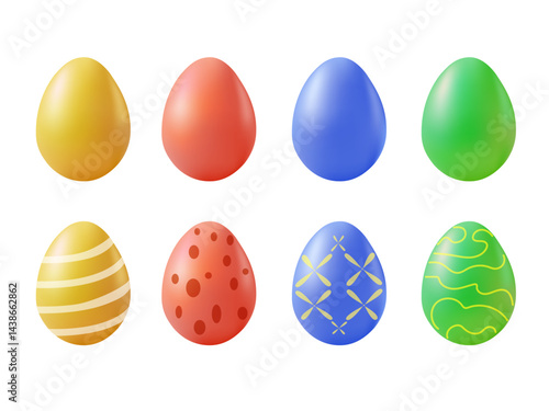 Colored Easter Eggs with different texture. Easter egg set. Colorful eggs icon collection. Easter concept. 3D rendering